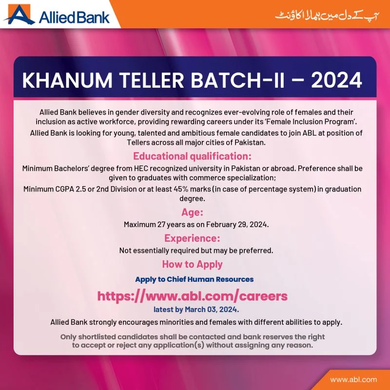 Current opportunities khanum teller batch ii 2024 pakistan,www.abl.com.pk careers online apply,
Current opportunities khanum teller batch ii 2024 online,
Current opportunities khanum teller batch ii 2024 last,
www.abl.com careers,
askari bank careers,
meezan bank careers,
allied bank careers for freshers,