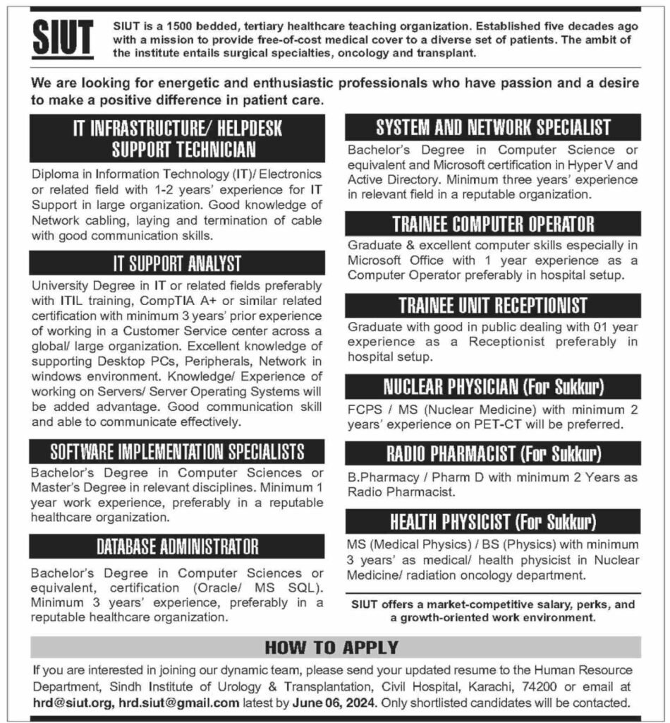 Sindh Institute of Urology & Transplantation SIUT Jobs 2024 Apply Online