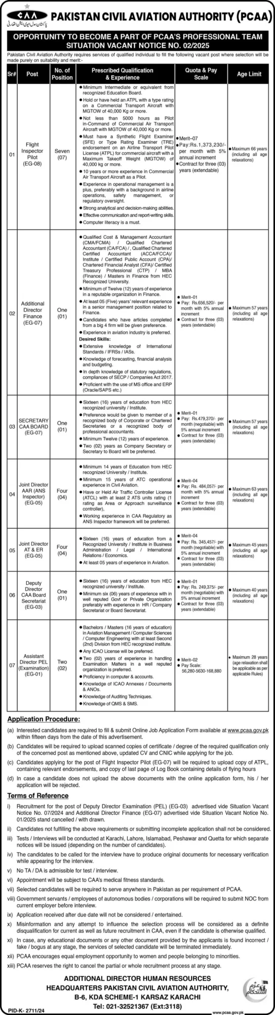 Pakistan Civil Aviation Authority (PCAA) Jobs 2025 PCAA Jobs 2025, Pakistan Civil Aviation Authority, Flight Inspector Pilot, Additional Director Finance, Secretary CAA Board, Joint Director AAR, Joint Director AT & ER, Deputy Director CAA Board Secretariat, Assistant Director PEL, Aviation Jobs in Pakistan, Government Jobs 2025.