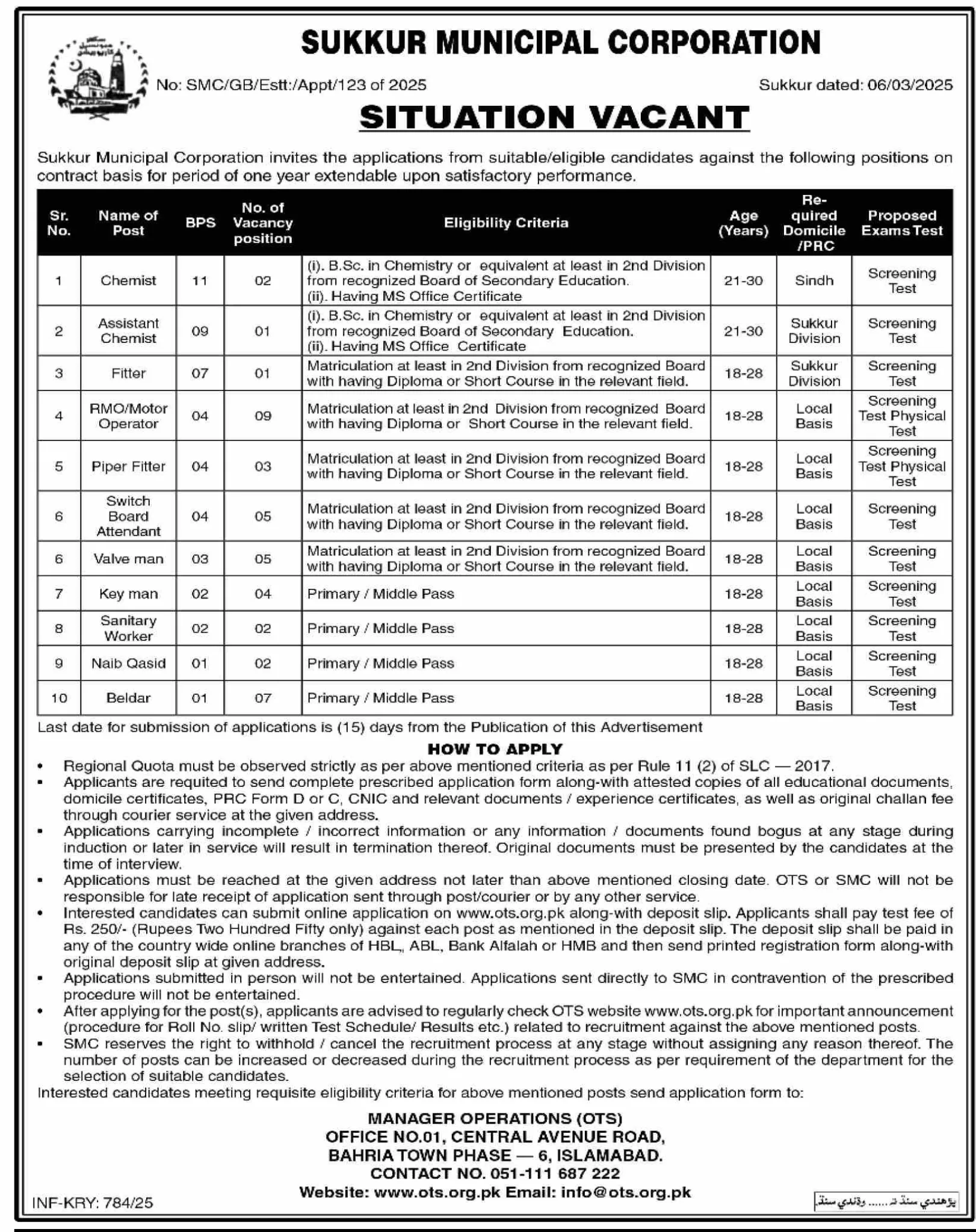 Sukkur Municipal Corporation Jobs, SMC Vacancies 2025