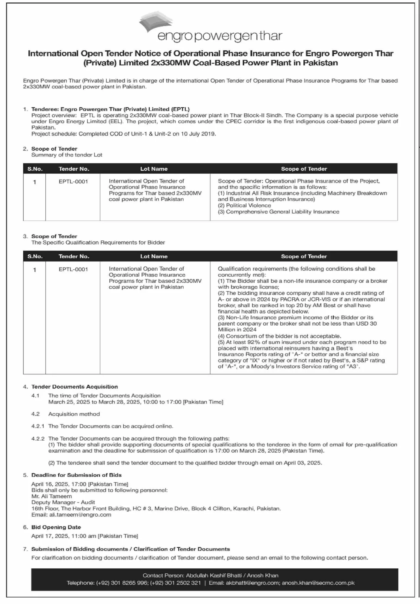 Engro Powergen Thar Announces International Open Tender for Power Plant Insurance (2025) Engro Powergen Thar Announces International Open Tender for Power Plant Insurance (2025)