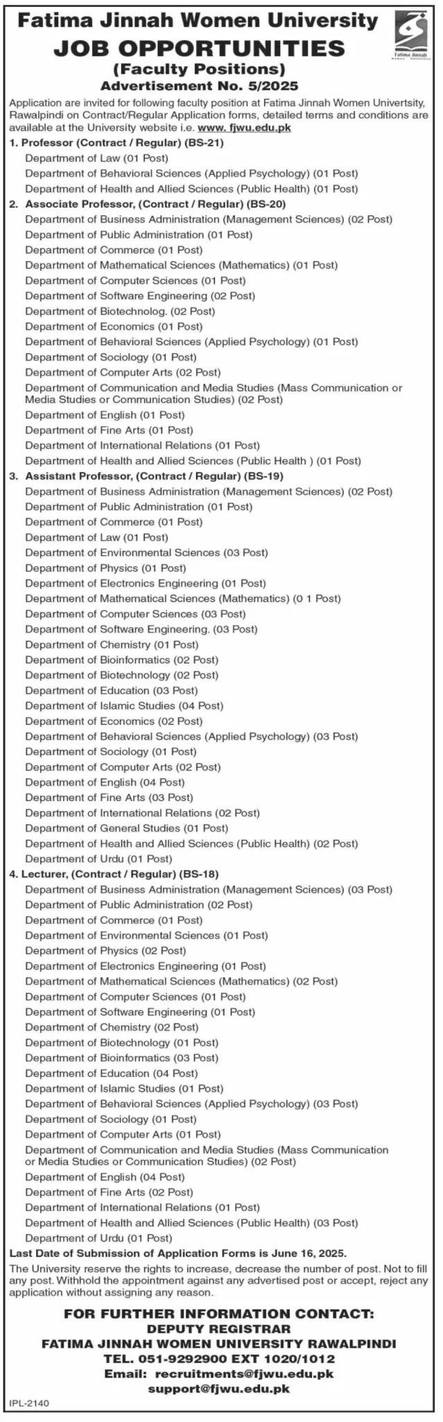 Fatima Jinnah Women University (FJWU) Jobs 2025 fatima