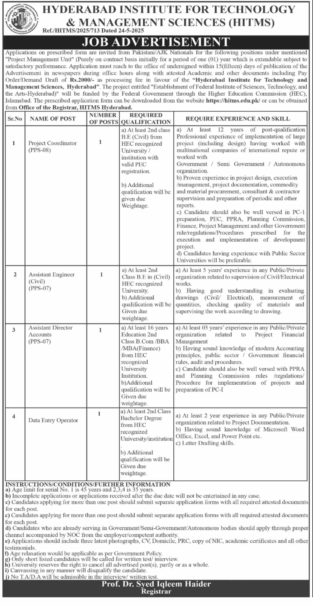 Hyderabad Institute for Technology & Management Sciences (HITMS) Jobs 2025 hitms