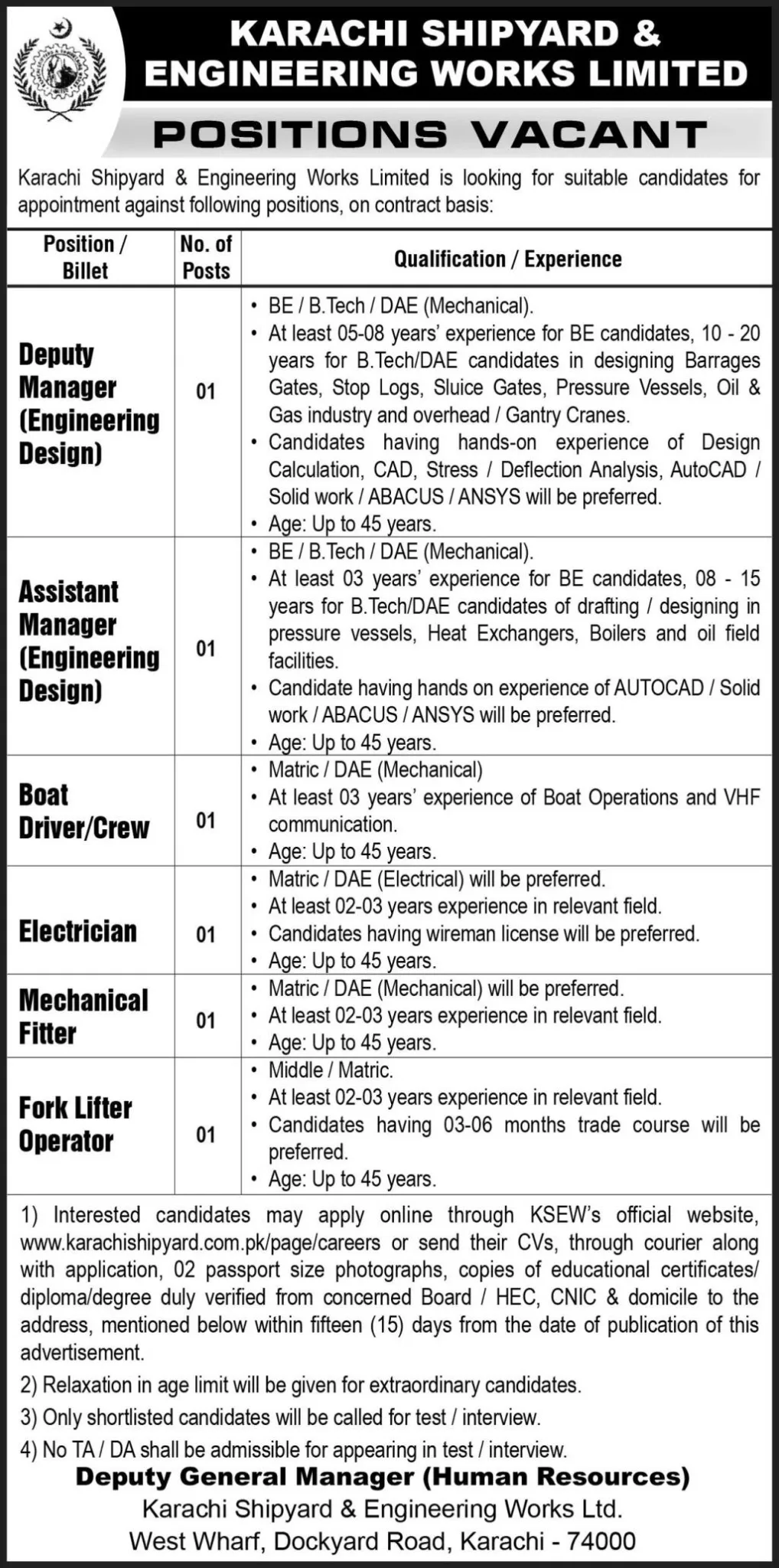 Karachi Shipyard & Engineering Works Limited (KSEW) Jobs 2025 khi