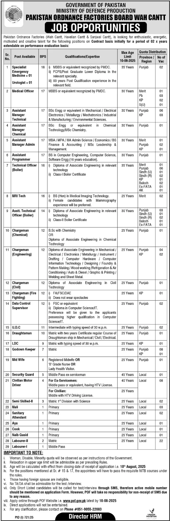 Pakistan Ordnance Factories POF Jobs 2025 POf Jobs 2025