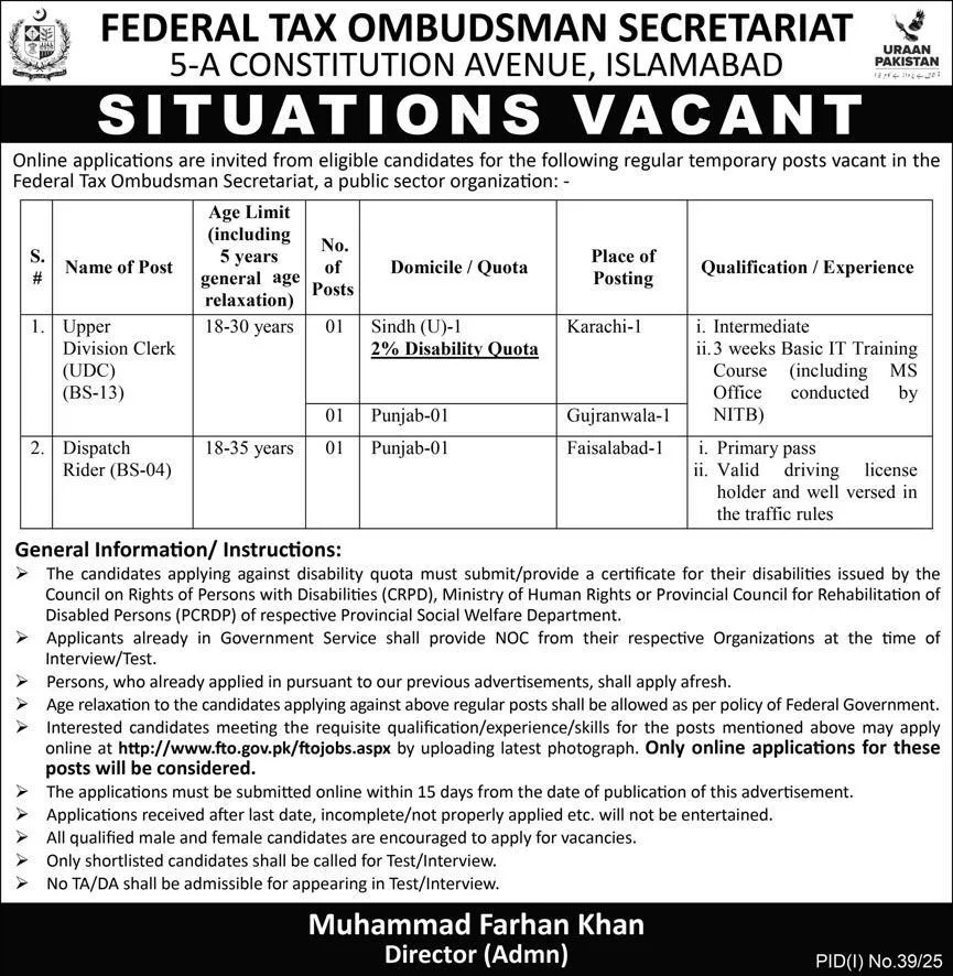 Federal Tax Ombudsman Secretariat Islamabad Jobs 2025