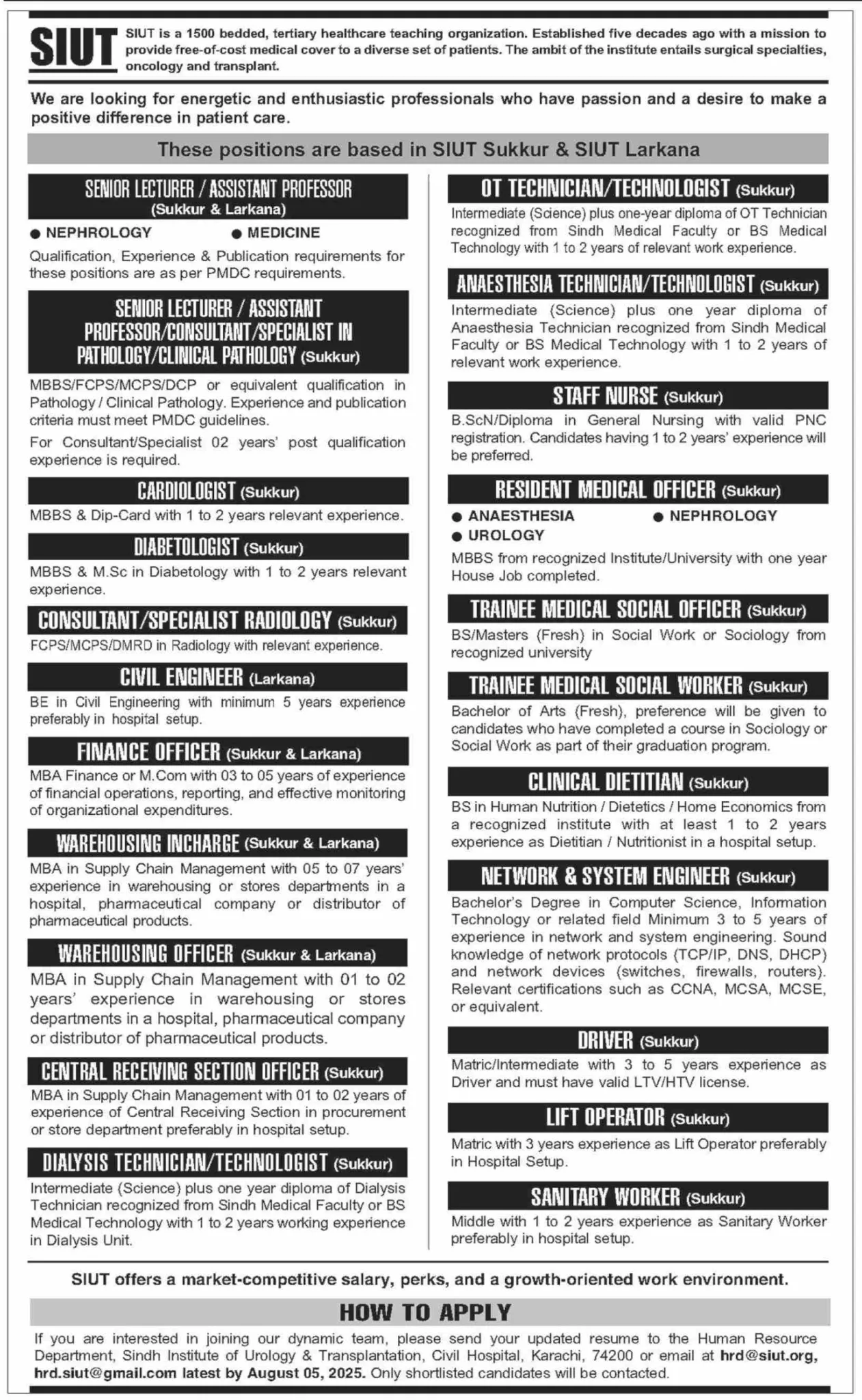 Latest SIUT Jobs 2025 SIUT jobs 2025, nephrology careers Pakistan, PMDC-compliant medical jobs, dialysis technician Sindh, healthcare supply chain jobs, SUT Larkana careers, free healthcare jobs Sindh, hospital engineering roles, medical social officer, SIUT Sukkur recruitment