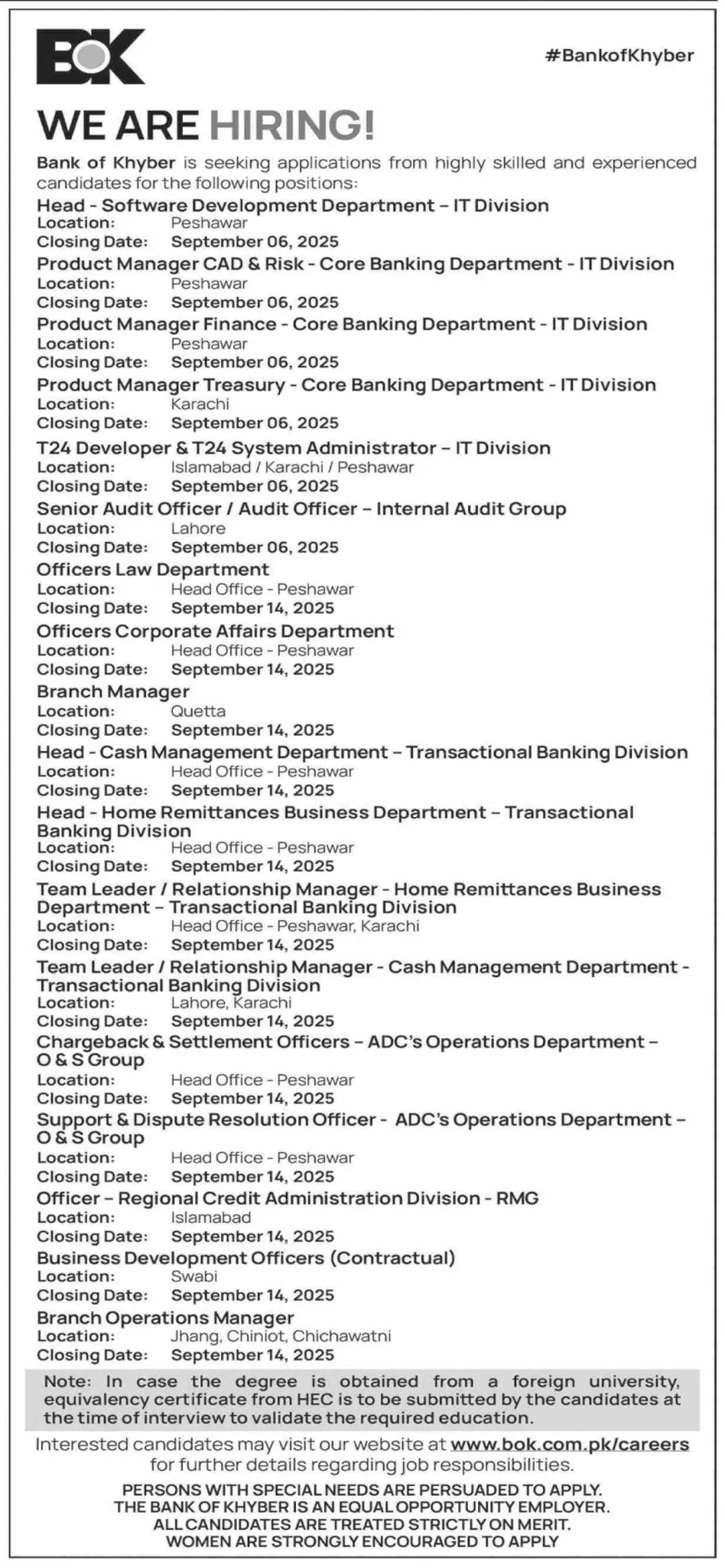 Bank of Khyber Jobs 2025 bank of punjab