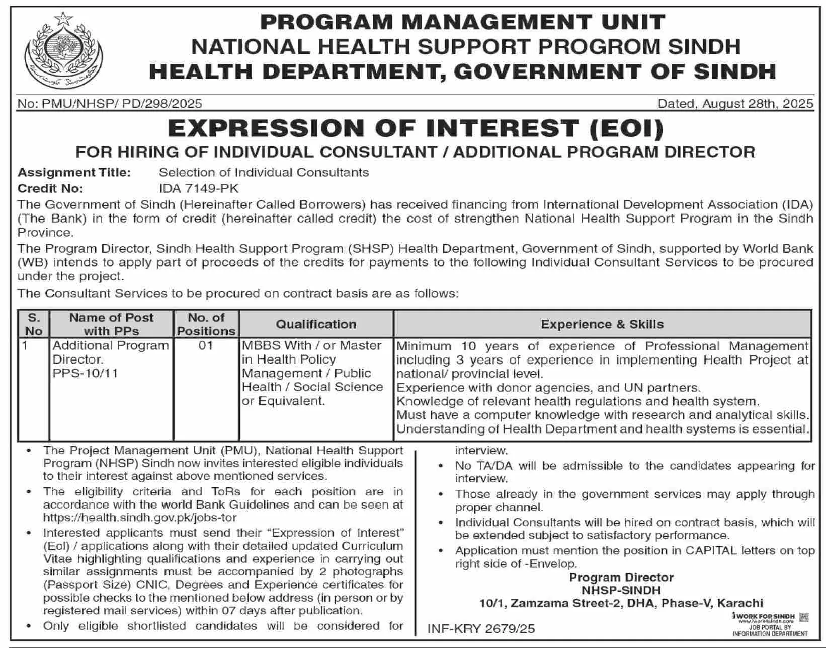 National Health Support Program Sindh Jobs karachi 2025 heallth