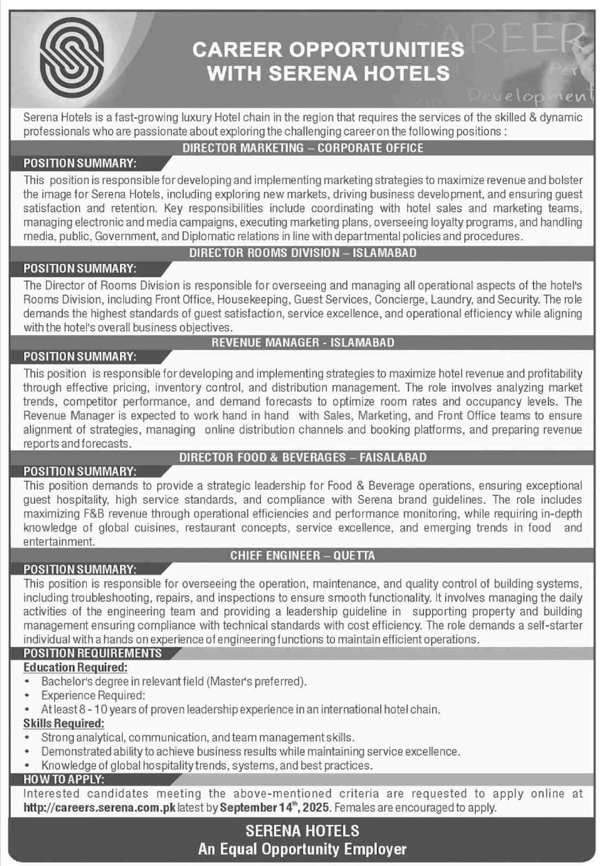 Serena Hotels Jobs in Pakistan 2025 serena