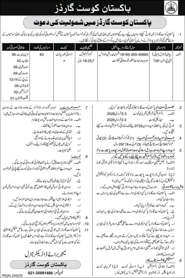 Join Pakistan Coast Guards Jobs 2026: Apply Now for Sipahi (General Duty) Positions 1768629750270