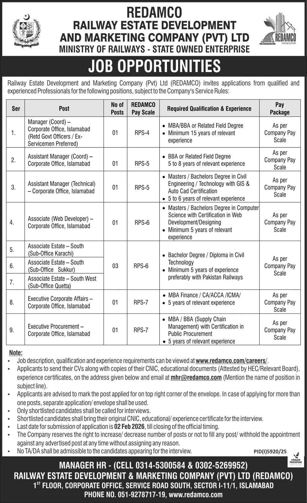 REDAMCO (Railway Estate Development and Marketing Company Pvt Ltd) Jobs 2026