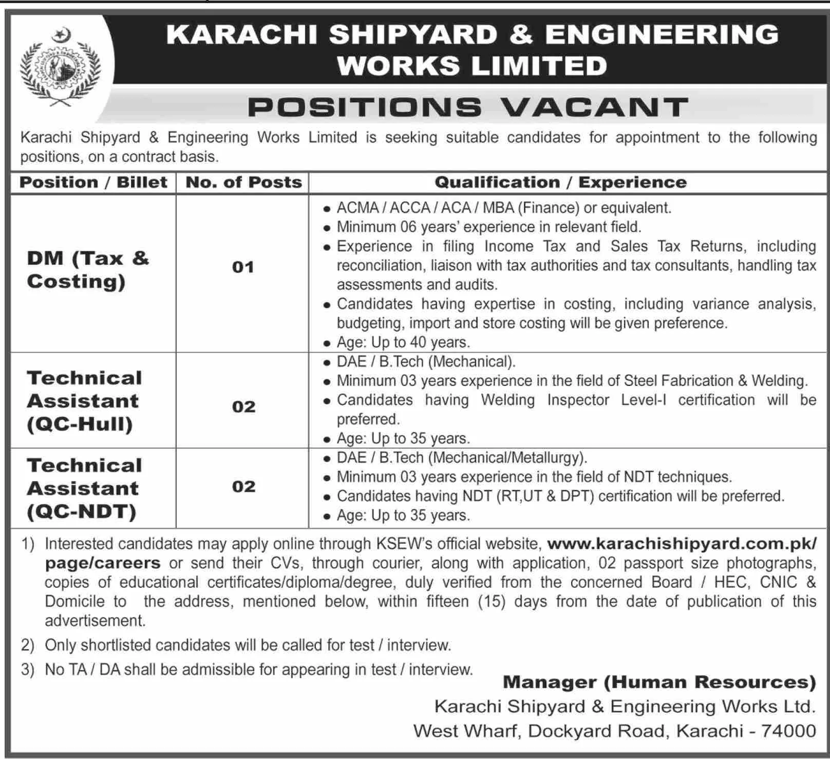 Karachi Shipyard & Engineering Works Limited Jobs 2026 Apply Online karachi