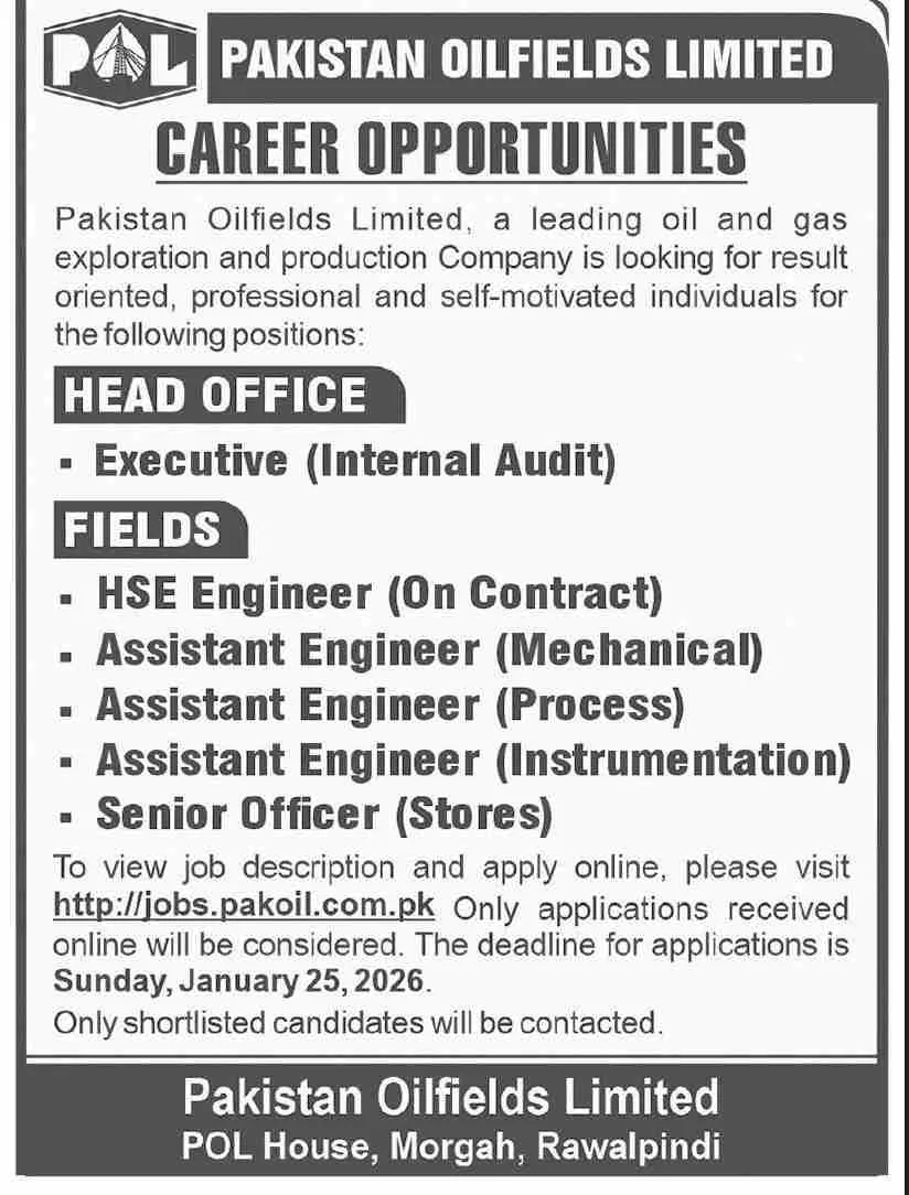 Pakistan Oilfields Limited POL Jobs 2026 Apply Online oil