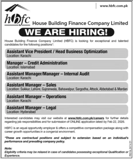 HBFC Jobs February 2026 House Building Finance Company Limited Jobs 2026