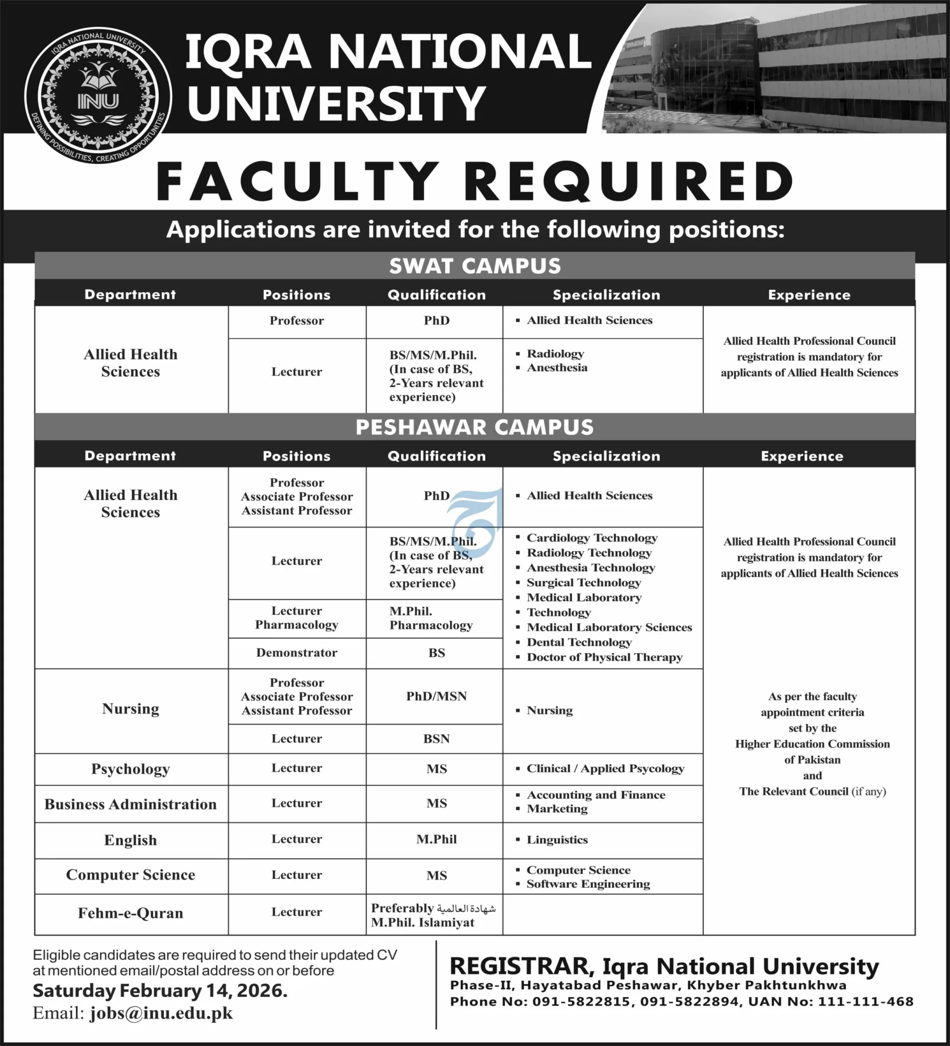 Iqra National University Jobs 2026