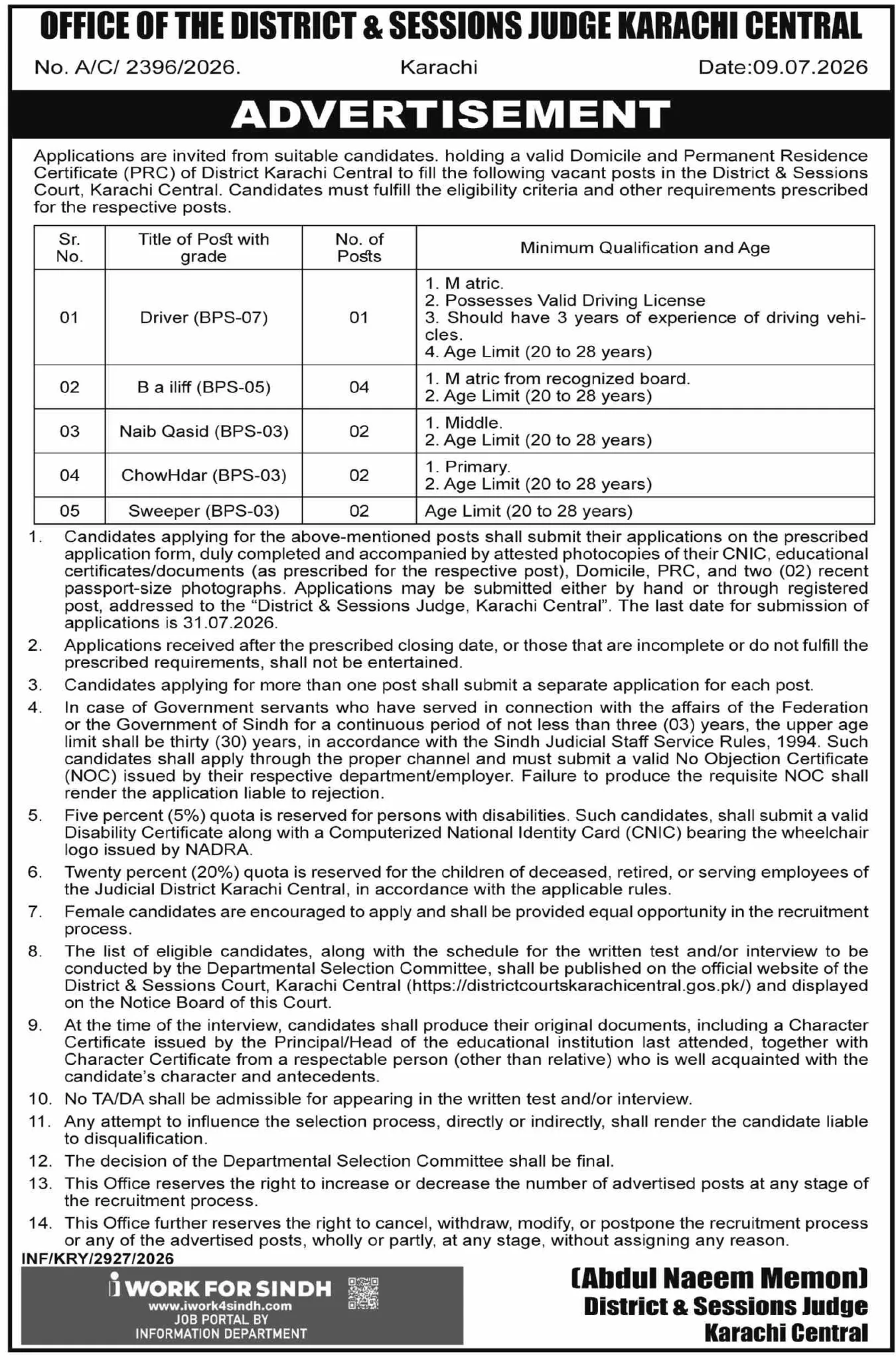 District & Sessions Judge Karachi Central Jobs 2026 12_07_2026_115_008