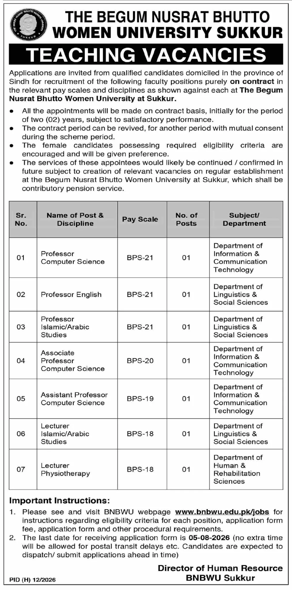 Begum Nusrat Bhutto Women University Sukkur Teaching Jobs 2026 begum