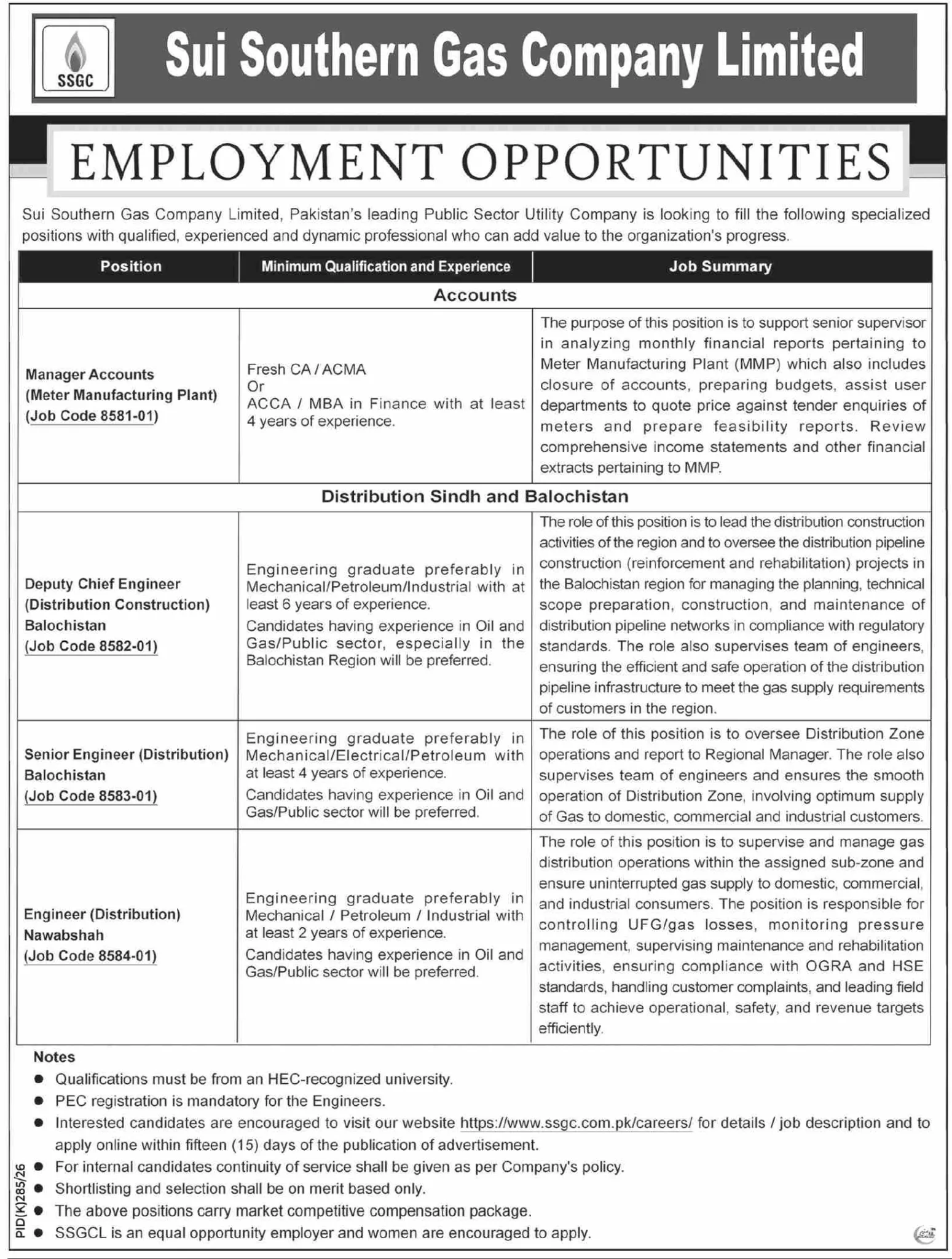Sui Southern Gas Company Limited (SSGC) Jobs 2026 ssgc