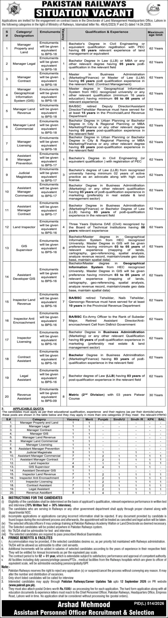 Pakistan Railways Jobs 2026 – 67 Vacancies for Managers, GIS, Land & Legal Posts Pakistan Railways Jobs 2026-1