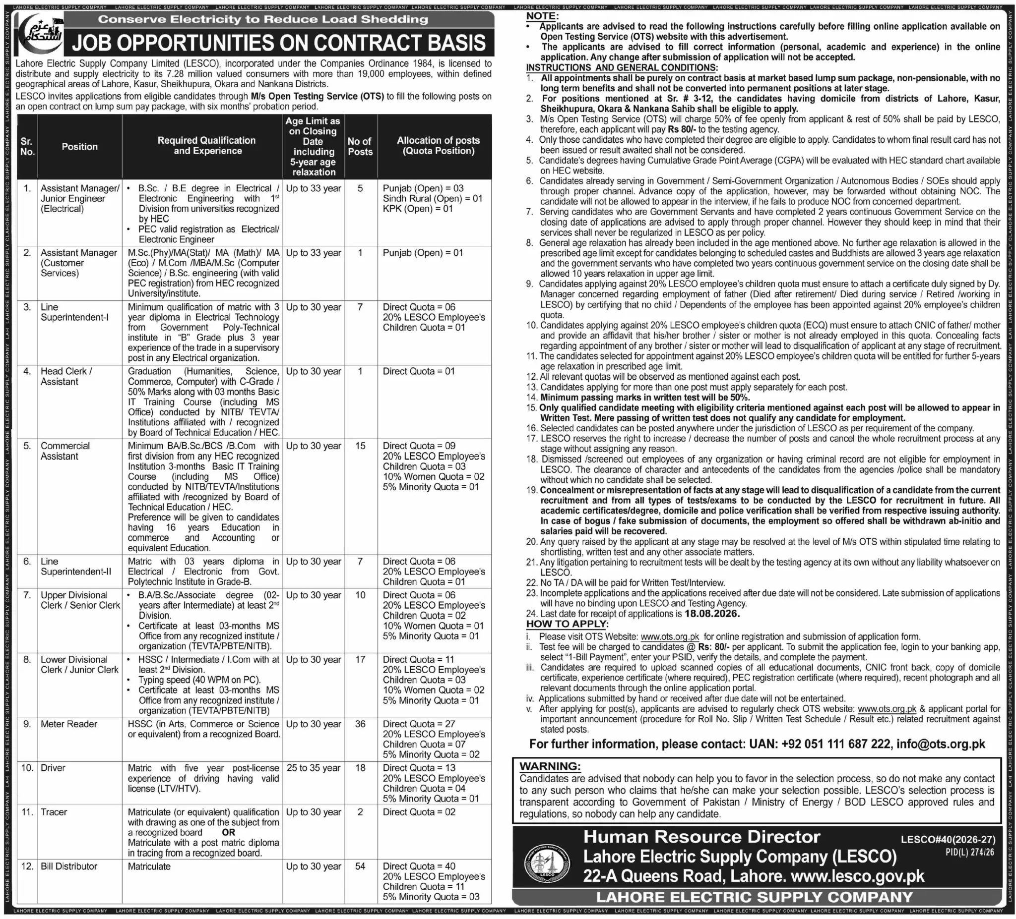 Lahore Electric Supply Company (LESCO) Jobs 2026 lesco jobs