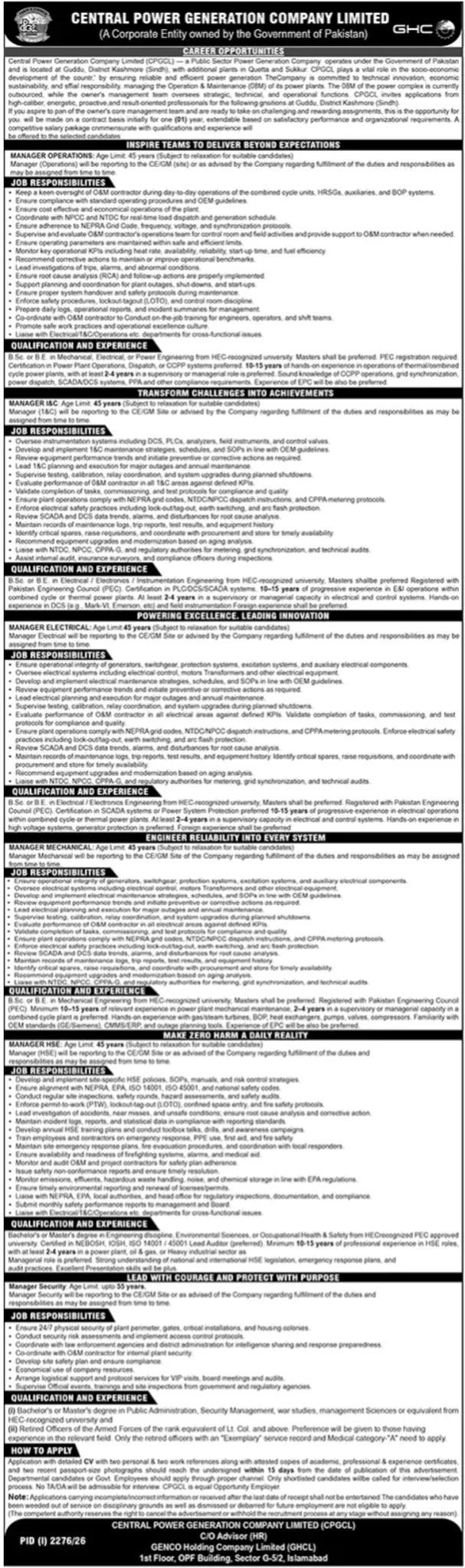Central Power Generation Company Limited CPGCL Jobs 2026 Central Power Generation Company Limited CPGCL Jobs 2026 announced manager-level vacancies for Operations, I&C, Electrical, Mechanical, HSE and Security professionals